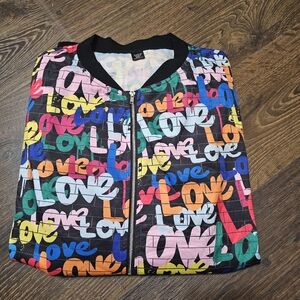 Shein Curve Bomber Love Jacket Black Multicolor Print Size 3XL Graphic Zip Up